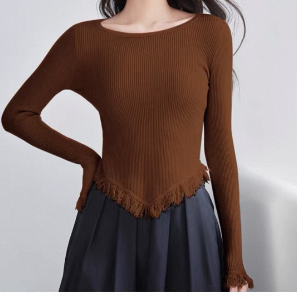 Brown Fringe Hem Women's Top